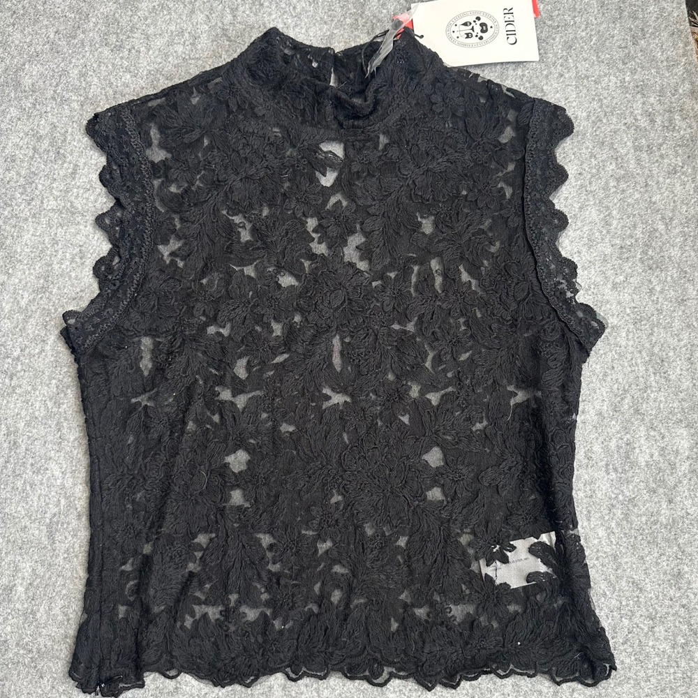 Cider Black Floral Lace Mock Neck Sleeveless Top Scallop Trim CD20240417472B53KT